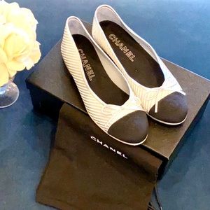 Chanel Black Grosgrain & Silver Woven Ballet Flats